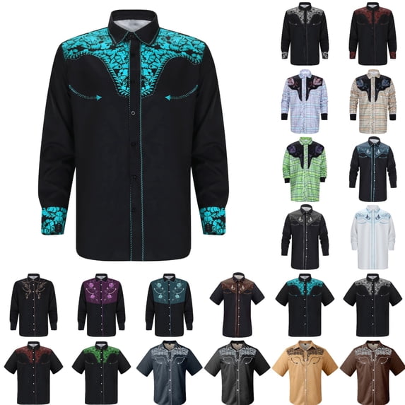Men Shirt Men's Western Shirt Long Sleeve Embroidered Cowboy Casual Snap Button Shirt Button Down Shirt with Pockets Men Long Sleeve Shirt Brown S