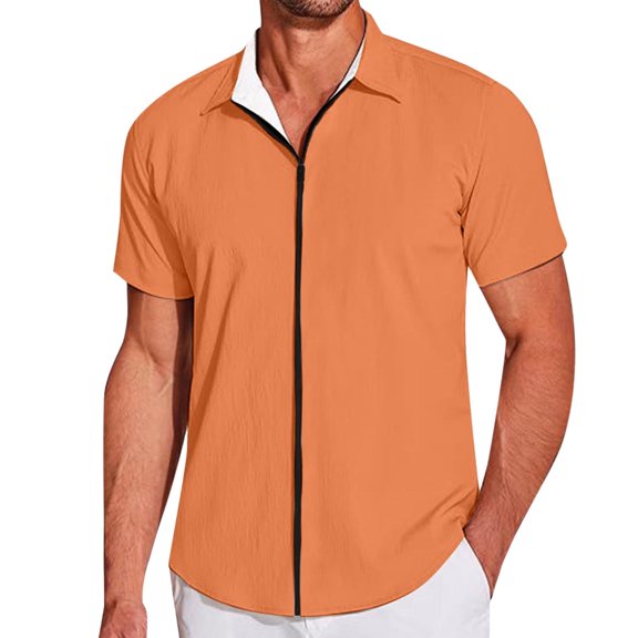 Men Shirt Zip Up Turndown Collar Lightweight Short Sleeve Shirt Solid Color Classic Fit Casual Mens Shirts