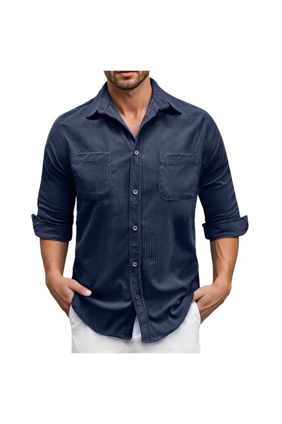 Men Shirts Casual Corduroy Long Sleeve Slim Fit Solid Color Button Down with Chest Pocket Fall Winter Tops