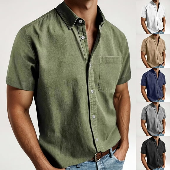 Men Shirts Casual Plus Size Casual Short Sleeve Solid Color Button Down Shirt With Chest Pocket Men T Shirt Blue L