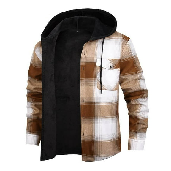 Men Shirts Casual Shirts Flannel Hooded Shirt Fall Winter Warmth Tee