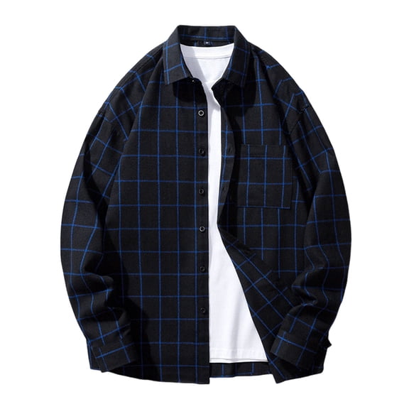 Men Shirts Casual Spring Autumn Plaid Lapel Long Sleeve Button Down Shirt with Pocket Top 2XL