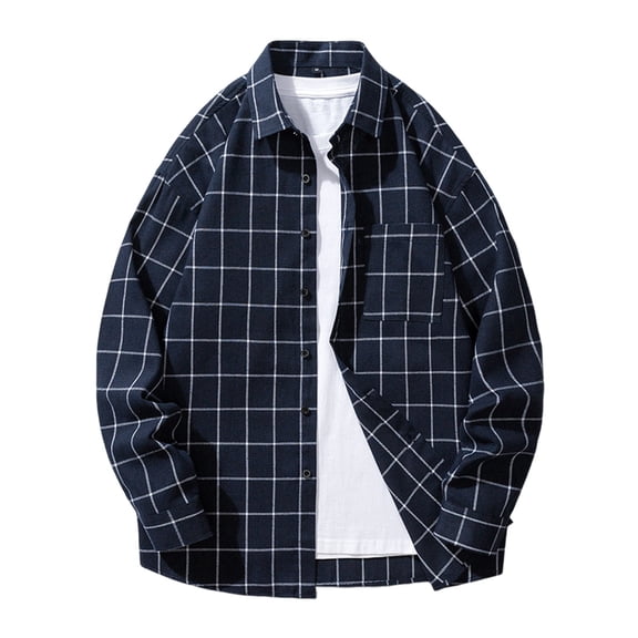Men Shirts Casual Spring Autumn Plaid Lapel Long Sleeve Button Down Shirt with Pocket Top 2XL