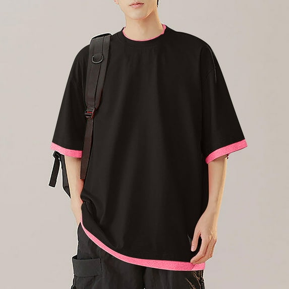 Men Shirts, Men's Solid Color Casual Fake Two Piece Short Sleeved Round Neck Shirts