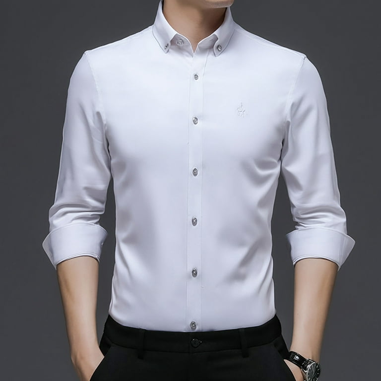 Men Shirts Clearance Sale JIOAKFA Men Casual Ice Silk Long Sleeve Bamboo  Fiber Wrinkle Non-Iron Shirt Blouse White L