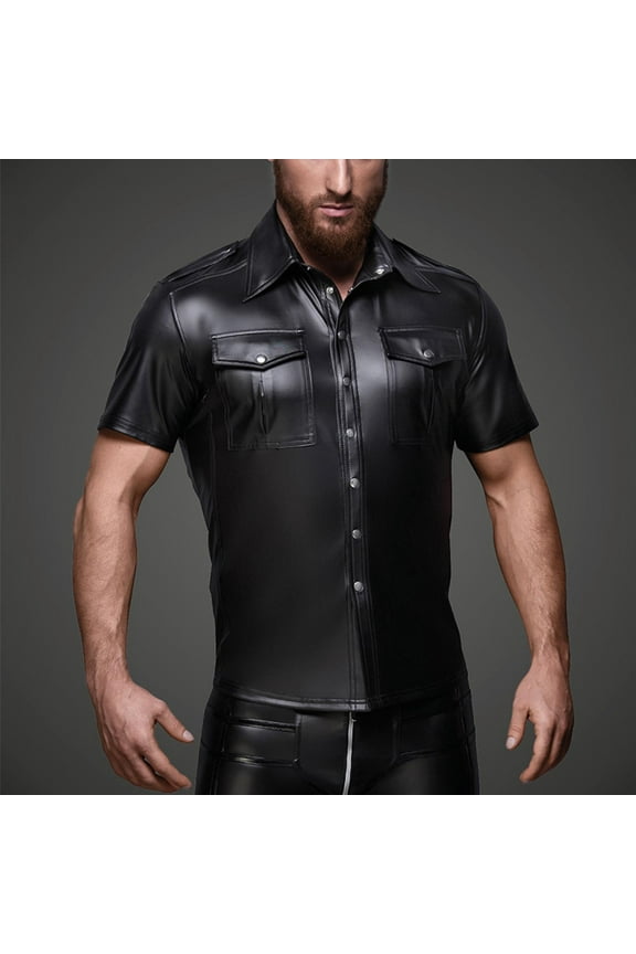 Men Shirts Leather Short Sleeve Slim Fit Button-Down Casual Performance Hawaiian Shirts for Men Black L