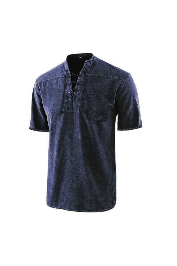 Men Shirts Gothic Retro Lace Up V Neck Pocket Short Sleeve Loose Solid Color Vintage Top