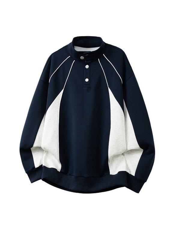 Men Shirts Jacket for Men 2025 Contrast Color Preppy Style Pullover Button Up Stand Collar Sweatshirt Top
