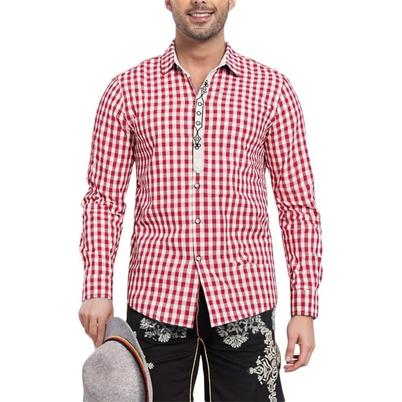 Men Shirts Long Sleeve Plaid Embroidery Oktoberfest Tops Comfortable Loose Fit Button Down Collared Dress Shirts for Men