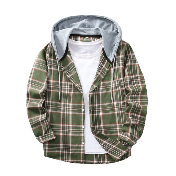 Men Shirts Long Sleeve Plaid Long Sleeve Shirt Hooded Casual Button Down Business Shirt For Men Army Green L
