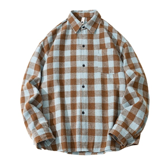 Men Shirts Long Sleeve Plaid Shirts Loose Fit Flannel Long Sleeve Casual Larger Size Men's Shirts Coffee L