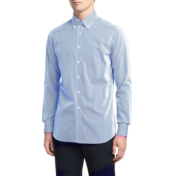 Men Shirts Long Sleeve Striped Regular Fit Pleated Wrinkle Elastic Work formal Shirt Top M