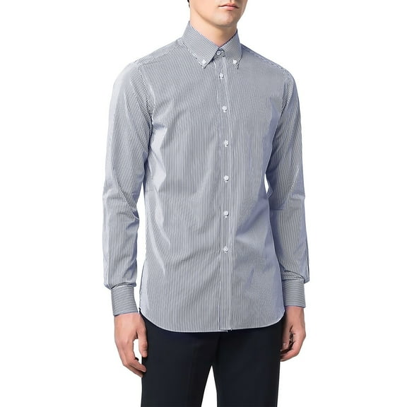 Men Shirts Long Sleeve Striped Regular Fit Pleated Wrinkle Elastic Work formal Shirt Top M