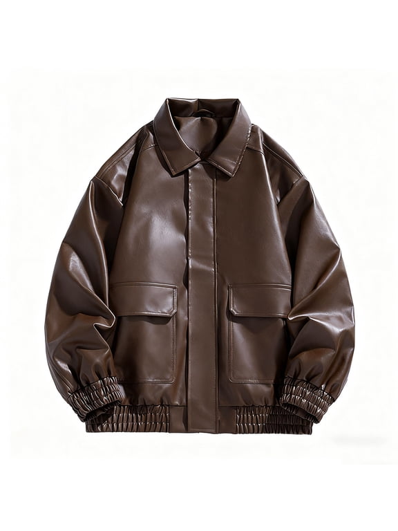 Men Shirts Men's Collared Faux Leather Jacket Zipper Classic Motorcycle Bomber Jacket Lightweight Stylish Slim Fall Jacket