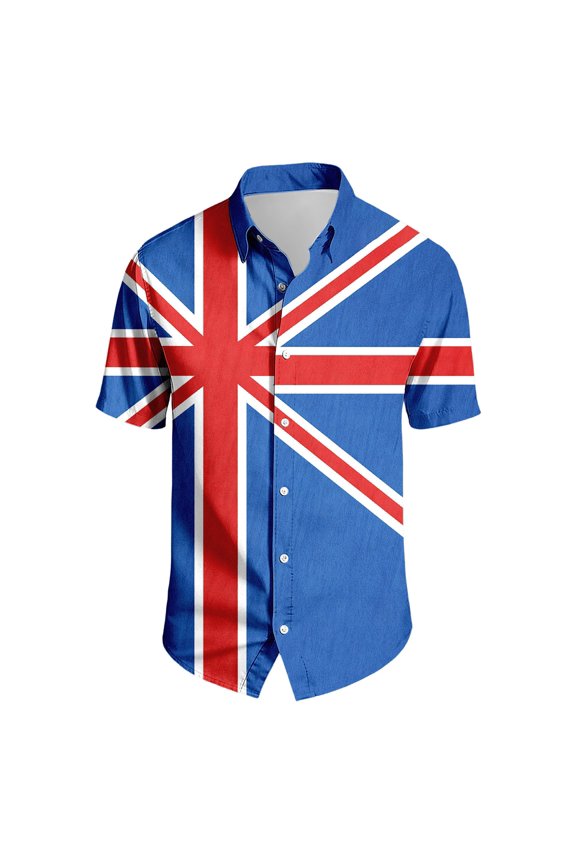 Men Shirts Men's Short Sleeve Shirt British Print Turn Down Collar Breathable Blend Classic Fit Casual Everyday Wear Lightweight Blue L