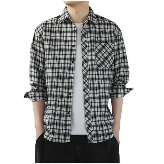 Men Shirts Plaid Long Sleeve Tshirts Fashion Lapel Neck Blouse Button Down Regular Fit Tees Clothing