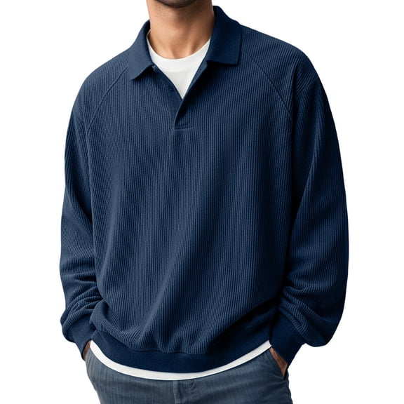 Men Shirts Solid Color Polo Long Sleeve Spring Shirt Lightweight Casual Turn Down Collar Top Navy XXL