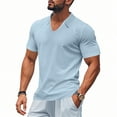 thumbnail image 1 of Men Shirts Solid Color V Neck Short Sleeve Casual Beach Vacation Summer Hippie Tops Blue Mens Tshirts, 1 of 8