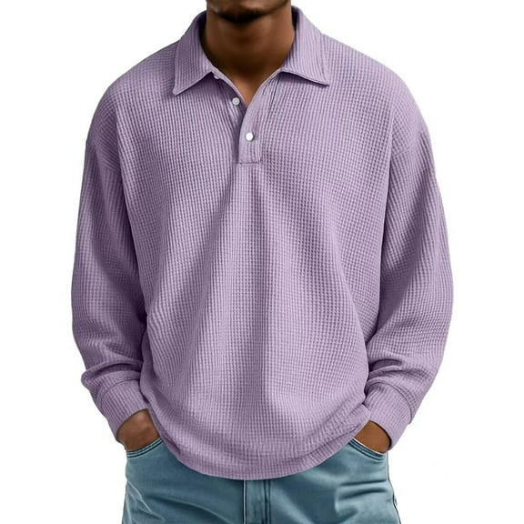 Men Shirts Solid Color Waffle Knit Polo Long Sleeve Spring Shirt Lightweight Casual Turn Down Collar Top Purple XXXXL