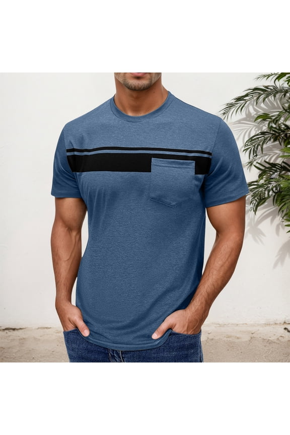 Men Shirts Stripe Short Sleeved Round Neck Pullover Printed Tops with Pocket Performance Blue Mens T Shirts