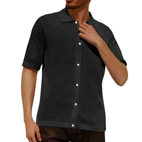 Men Shirts Summer Beach Lapel Solid Color Casual Fashion Short Sleeve formal Shirt Top L