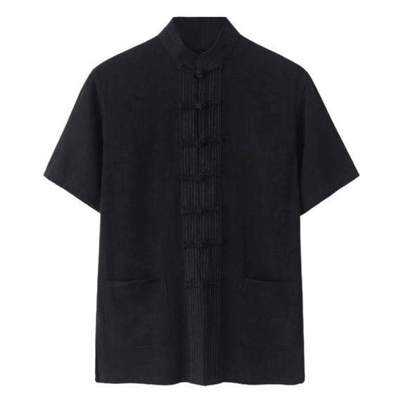 Men Shirts Tang Suit Solid Short Sleeve Loose Summer Tai Chi Top Hawaiian Shirt for Men Black XXXL