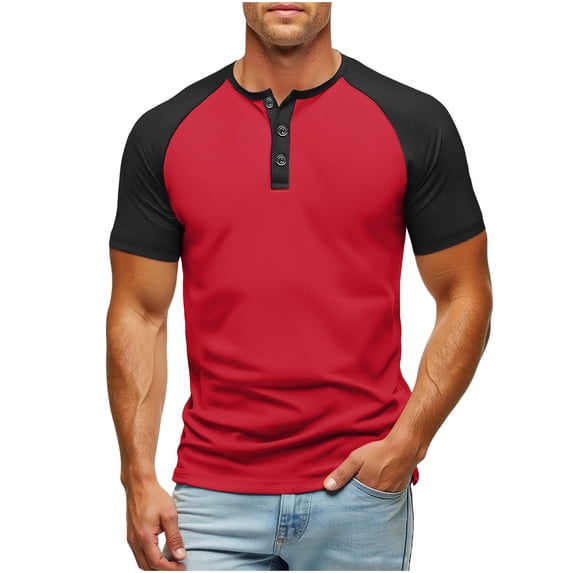 Men Shirts for Summer Fashion Solid Color Round Neck Blouse /T-shirt Red,M