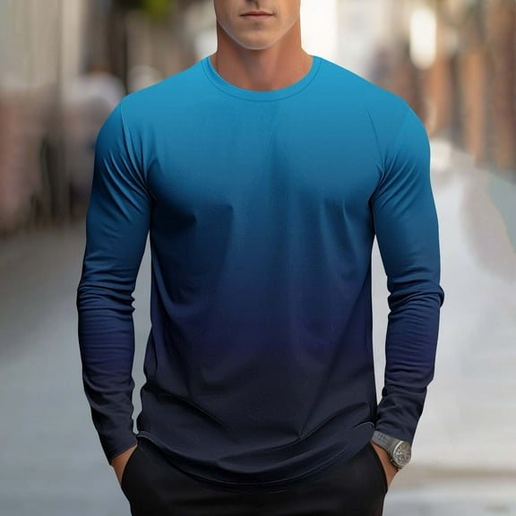 Men Shirts under $10 Fashion Casual Men Print Sports Long Sleeves Round-Neck Blouses Shirts Blue XL