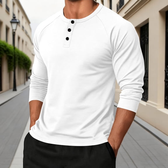 Men Shirts under $10 Man Solid-Color Color Blocking Casual Buttons Long Sleeve Round-Neck Button Blouses Shirts White S