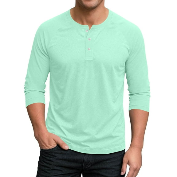 Men Shirts under $10 Men Casual Fashion Stand Collar Solid Pullover Button 3/4 Sleeve Shirt Blouse Green XL