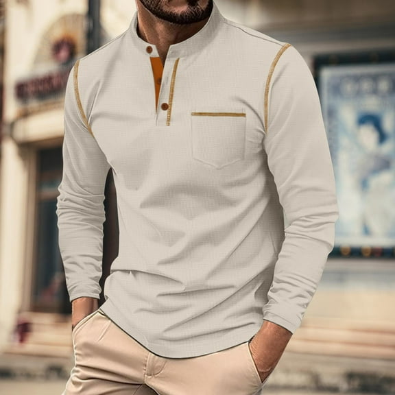 Men Shirts under $10 Men's Casual Long Sleeved Shirt Stand Collar Button Up T-Shirt Top Color Blocked Men's Top Brown S