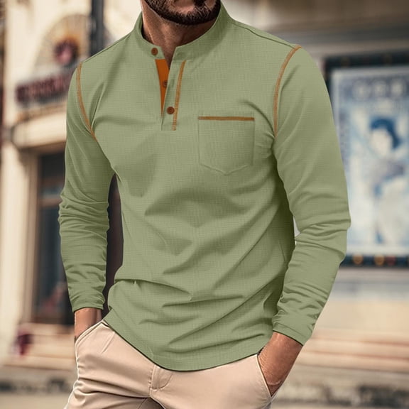 Men Shirts under $10 Men's Casual Long Sleeved Shirt Stand Collar Button Up T-Shirt Top Color Blocked Men's Top Green L