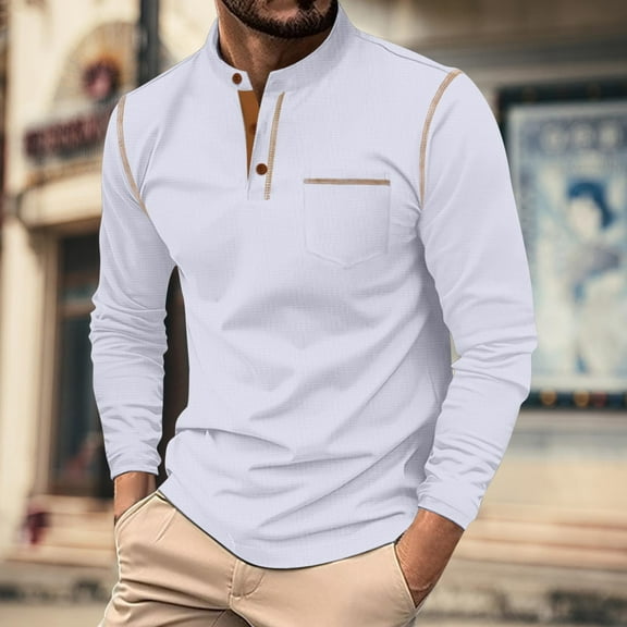 Men Shirts under $10 Men's Casual Long Sleeved Shirt Stand Collar Button Up T-Shirt Top Color Blocked Men's Top White L