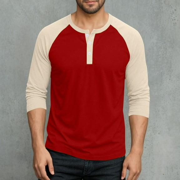Men Shirts under $10 Men's Fashion Color Blocked Long Sleeve Round Neck Sports Fitness Blouses Shirts Red M