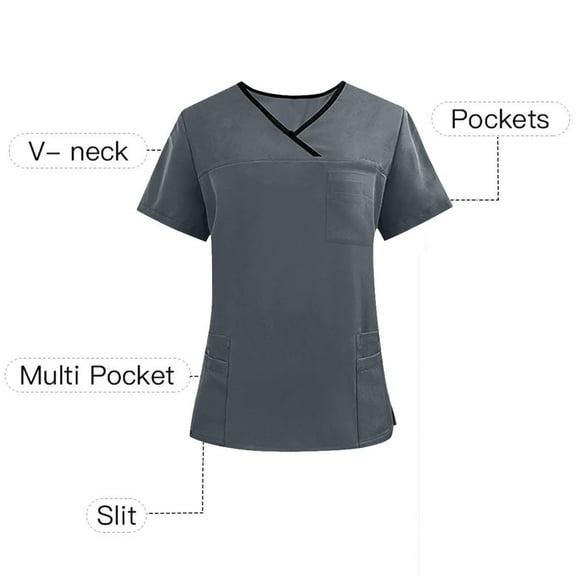 Men Shirts under $10 Men's Solid Color V-Neck Pocket Caregiver Short Sleeved Shirt Elastic Pants Nurse Uniform Top Gray M