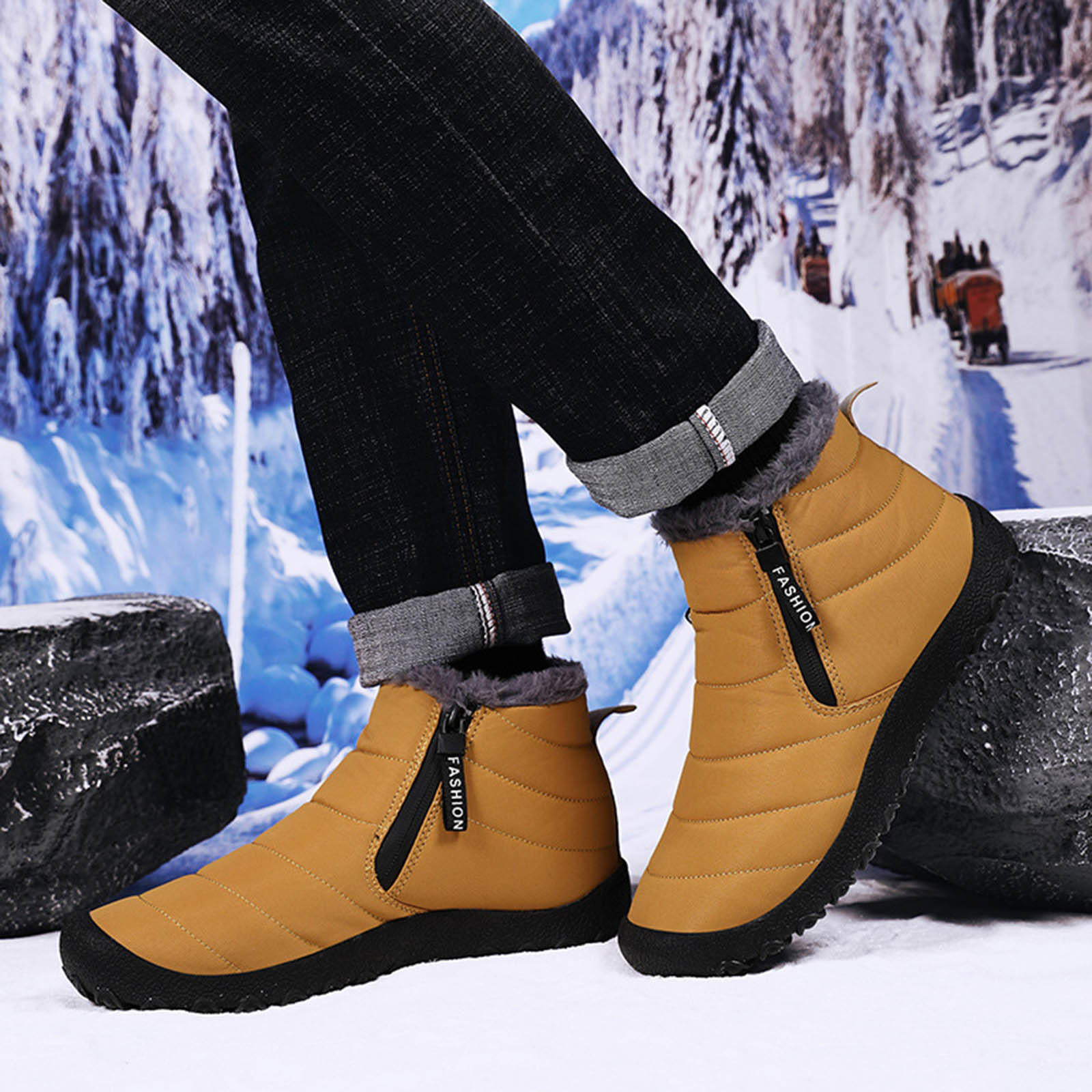 Men Shoes Sale Solid Color Winter Keep Warm Woolen Boot Casual Fleece Zipper Round Toe Short Boots Platform Shoes Flats Yellow qILAKOG Size 9.5 Walmart