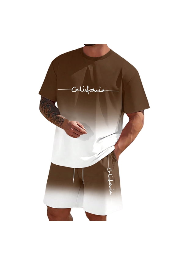 Men Short 2 Piece Sets Oversized Short Sleeve Round Neck Drawstring Summer Shorts Sets Tracksuits Fashion Print Outfits (Brown_06 ,L)
