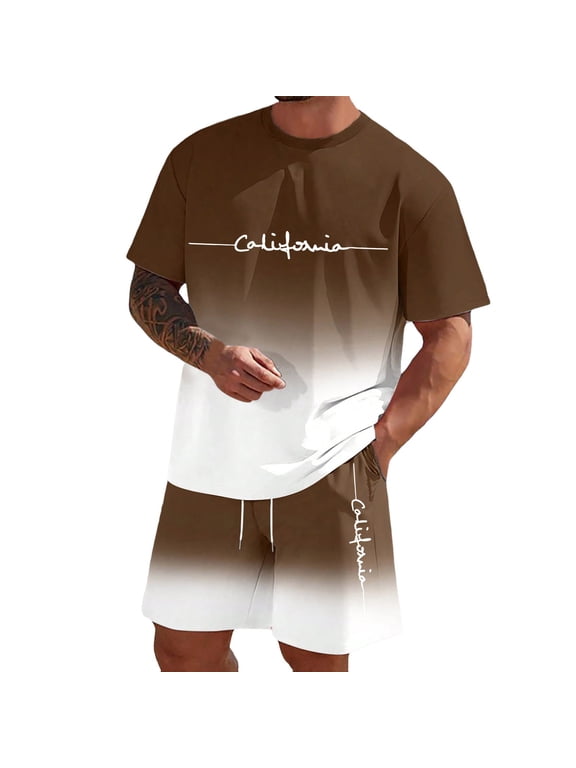 Men Short 2 Piece Sets Oversized Short Sleeve Round Neck Drawstring Summer Shorts Sets Tracksuits Fashion Print Outfits (Brown_06 ,L)
