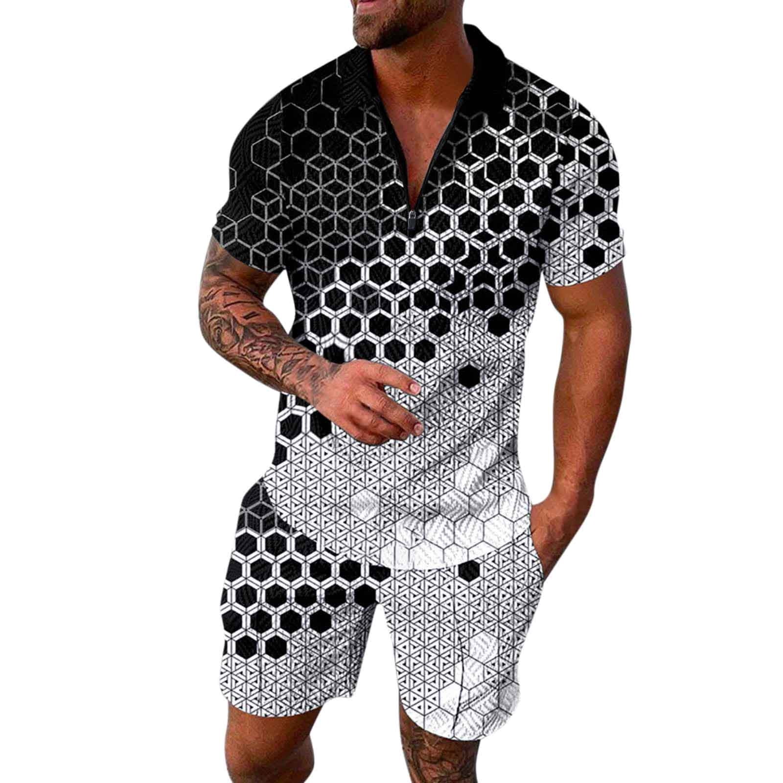 Men Short Set Male Summer Casual Print Zipper Turn Down Collar Blouse ...