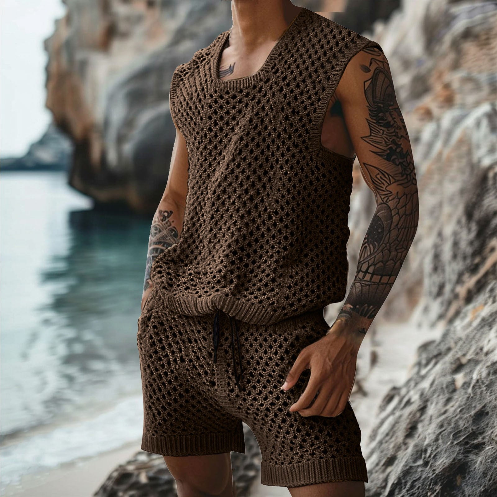 Men Short Sets Piece Crochet Knitted Outfits Casual Solid Hollow