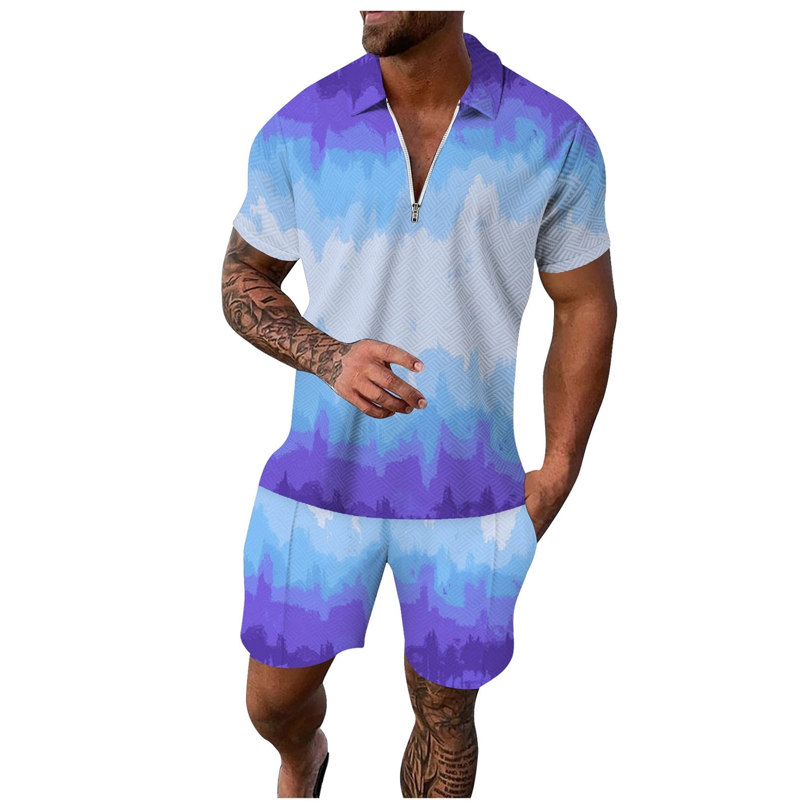 Men Short Sets Outfits 4x Summer Puff V Neck T Shirt & Shorts Fashion ...