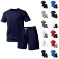 thumbnail image 1 of Men Short Sets Outfits Zaewscy Men Solid Casual Sports Round Neck Pullover Short Sleeve Blouse Elastic Waist Pockets Short Pants Dark Blue L, 1 of 6
