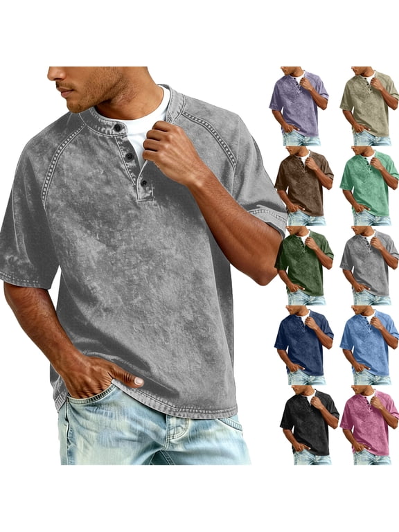 Men Short Sleeve Button Down Henley Shirt with Washed Finish Pullover Casual Top for Everyday Wear