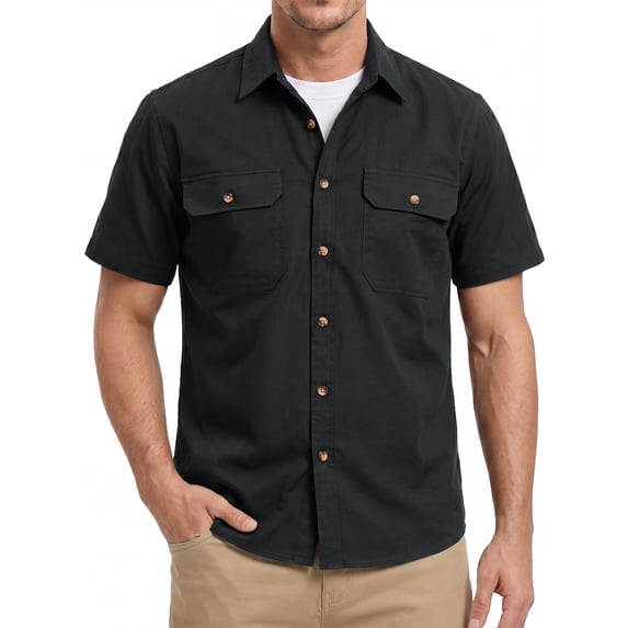 Men's Black Shirts Button Down Short Sleeve Shirts Relaxed Fit Casual Work Shirts with Two Pockets