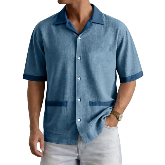 Men Short Sleeve Button Down Shirt with Contrast Trim Notched Collar Relaxed Fit Casual Top for Everyday Wear