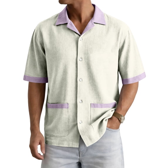 Men Short Sleeve Button Down Shirt with Contrast Trim Notched Collar Relaxed Fit Casual Top for Everyday Wear