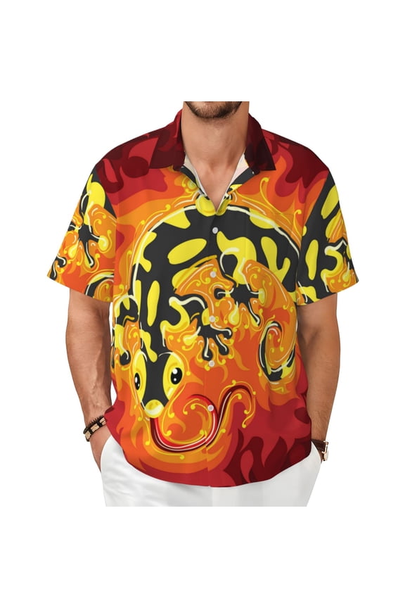Men Short Sleeve Button Down Shirts Summer Beach Hawaiian Tops, Fire Salamander In Flame
