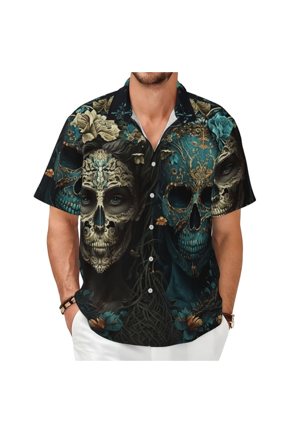 Men Short Sleeve Button Down Shirts Summer Beach Hawaiian Tops, Skulls Gothic Day Of The Dead Skull Lovers