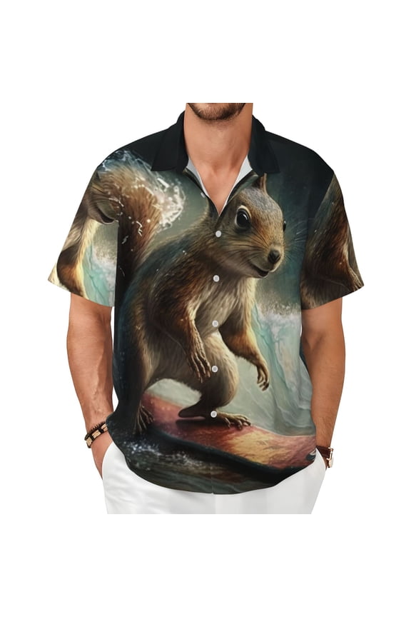 Men Short Sleeve Button Down Shirts Summer Beach Hawaiian Tops, Squirrel Surf Funny