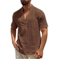 thumbnail image 1 of Men Short Sleeve Cotton Linen Henley T-Shirt Casual Solid Color Button-up V Neck Henley Shirt V Neck Tee Tops Size 3XL Coffee, 1 of 5